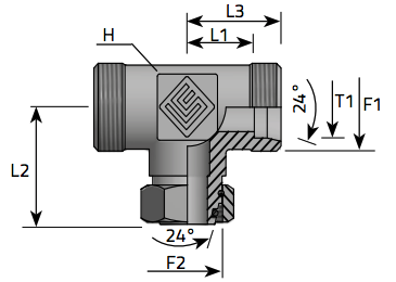 T kus s prevlecnou maticou z dola metricky zavit nerez Tee with swivel nut in center metric thread stainless steel